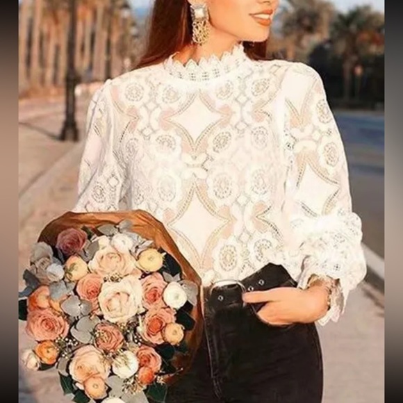 White lace scalloped high neck long sleeve Top Boho - Picture 11 of 14